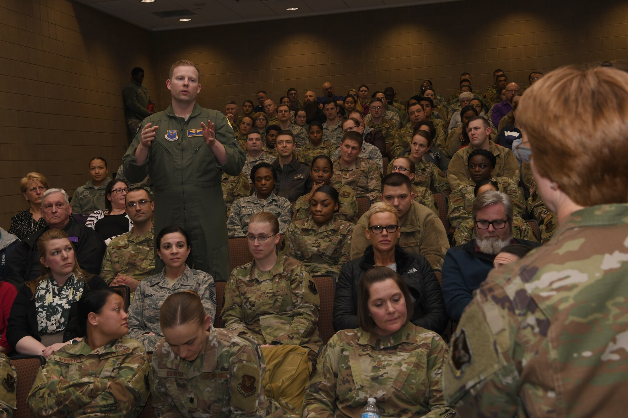 Lt. Gen. Dorothy Hogg, Air Force Surgeon General, is asked a question by a medic with the 28th Medical Group, at Ellsworth Air Force Base, South Dakota, Jan. 30, 2019. Her visit focused on understanding the critical role the 28th Medical Group has in U.S. combat airpower operations. (U.S. Air Force photo by Senior Airman Nicolas Z. Erwin)