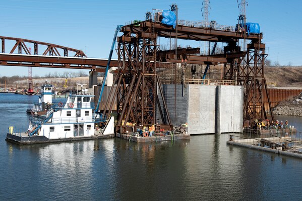 The U.S. Army Corps of Engineers Nashville District and contractor Johnson Brothers place the final concrete shell on the riverbed of the Tennessee River Feb. 2, 2020 below Kentucky Lock in Grand Rivers, Ky. It is the 10th concrete shell that is part of the permanent downstream lock wall and will double as part of a coffer dam for the Kentucky Lock Addition Project. (USACE photo by Lee Roberts)