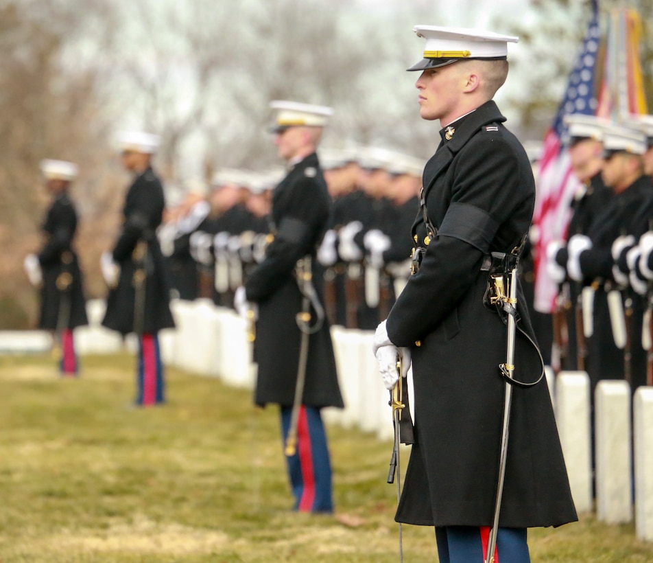 Marines stand at “ceremonial at ease” during a full honors funeral for Brig. Gen. Donald H. Brooks at Arlington National Cemetery, Jan. 29.