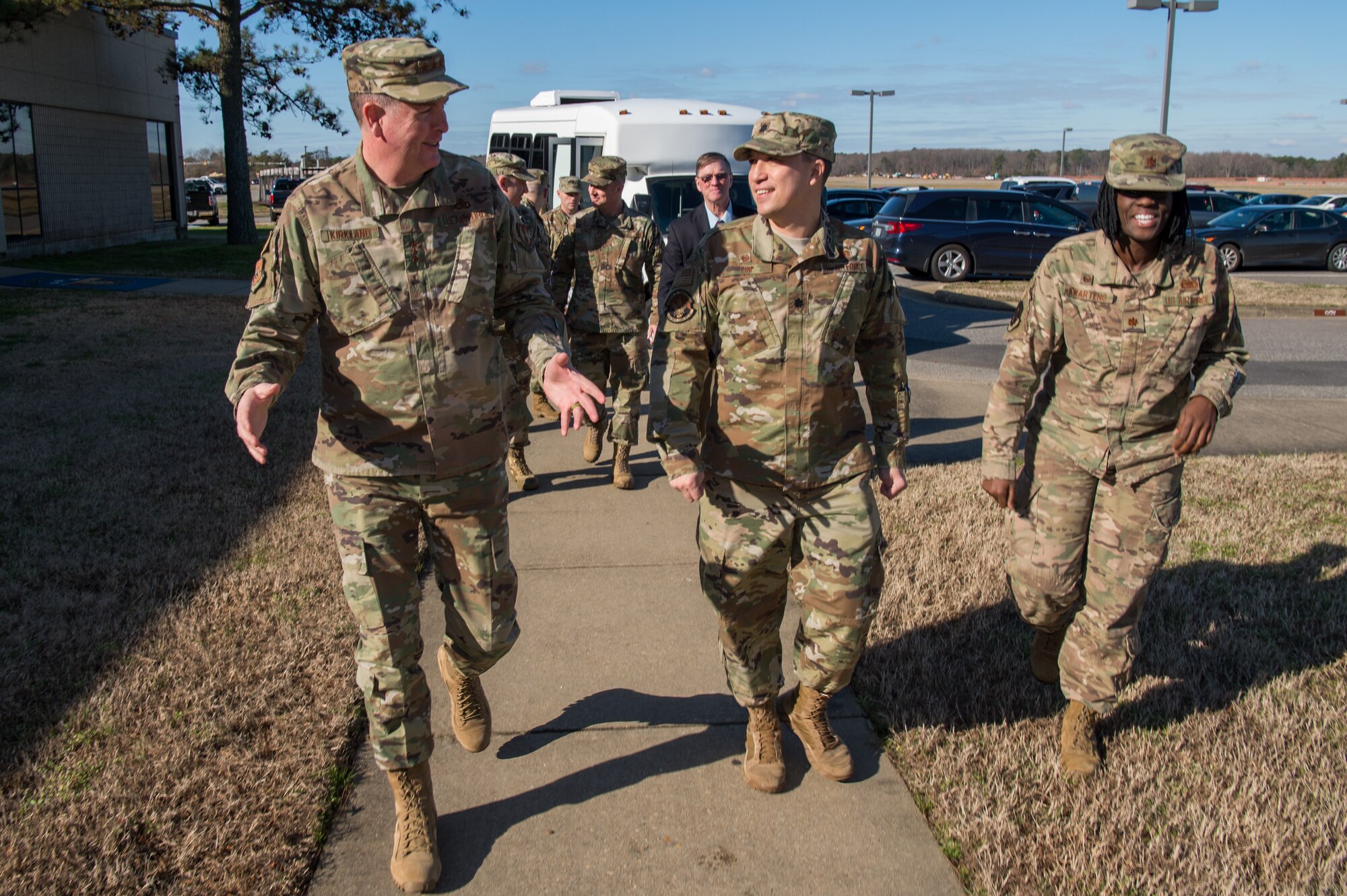 U.S. Air Force Lt. Gen. Gene Kirkland, Air Force Sustainment Center commander, chats with Airmen from Joint Base Langley-Eustis, Virginia, during his visit to the 735th Supply Chain Operations Group at JBLE, Jan. 28, 2020. While on location, Kirkland was able to speak with multiple Airmen regarding the day-to-day operations of the 735 SCOG. (U.S. Air Force photo by Senior Airman Tristan Biese)
