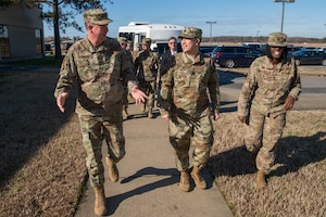 U.S. Air Force Lt. Gen. Gene Kirkland, Air Force Sustainment Center commander, chats with Airmen from Joint Base Langley-Eustis, Virginia, during his visit to the 735th Supply Chain Operations Group at JBLE, Jan. 28, 2020. While on location, Kirkland was able to speak with multiple Airmen regarding the day-to-day operations of the 735 SCOG. (U.S. Air Force photo by Senior Airman Tristan Biese)