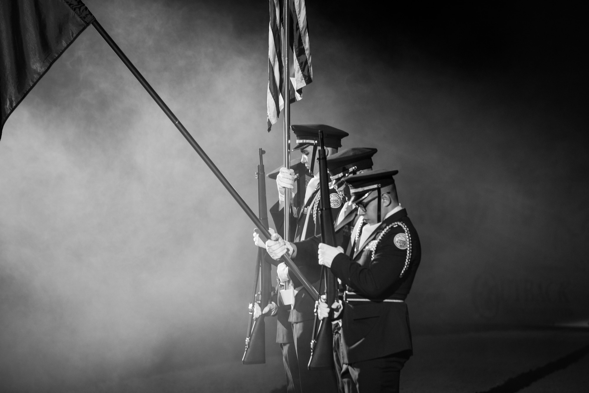 A U.S. Air Force Junior ROTC Honor Guard perform their duties during a mass-enlistment at the Pennsylvania Farm Show Jan. 9, 2020, in Harrisburg, Pennsylvania.