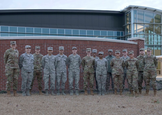 Biomedical Science Corp Officers gather in front of the Thomas Koritz Clinic to celebrate BSC Appreciation Week, Jan. 30, 2020, at Seymour Johnson Air Force Base, N.C.