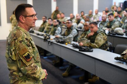 Air Force Gen. Joseph Lengyel, chief, National Guard Bureau, talks with members of the RED HORSE Squadron serving with the Guam Air National Guard, Guam, Jan. 29, 2020.