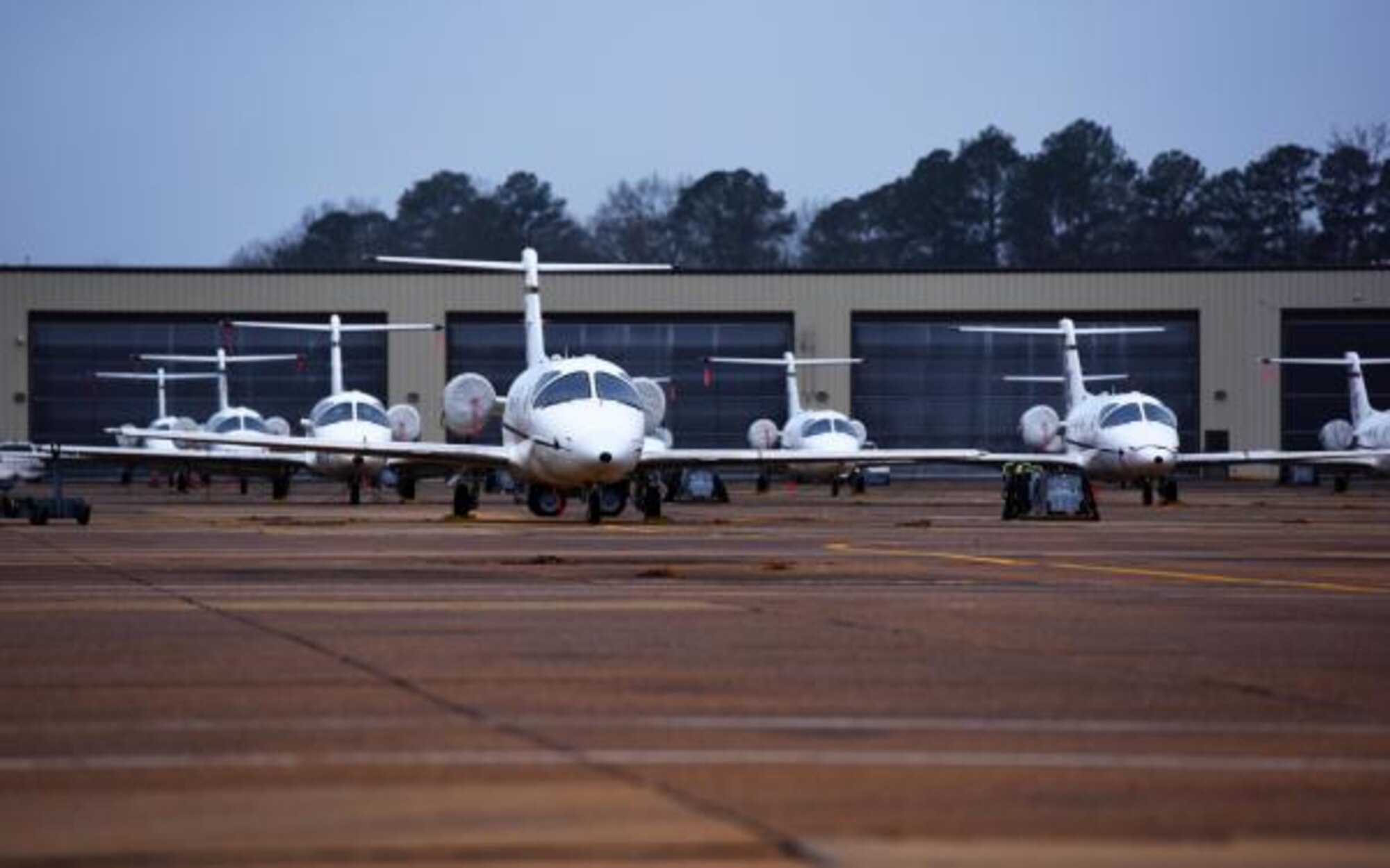 The 48th Flying Training Squadron’s fleet of T-1A Jayhawks sit on the flight line, Feb. 6, 2019, at Columbus Air Force Base, Mississippi. The T-1 is used in Specialized Undergraduate Pilot Training for the students who are selected to fly airlift or tanker aircraft. (U.S. Air Force photo by Senior Airman Beaux Hebert)