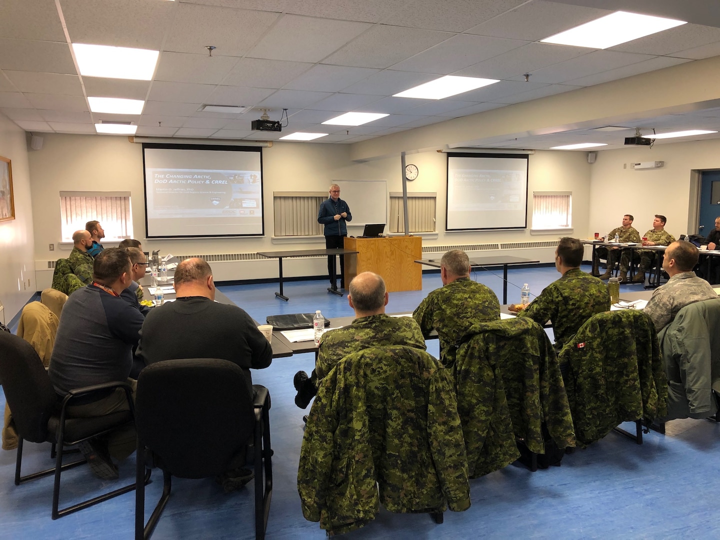 Dr. Martin Jeffries from the Cold Regions Research and Engineering Laboratory presents a portion of his research and observations with the members of the Arctic Air Power Seminar, (3rd edition), at 5 Wing Goose Bay, Newfoundland and Labrador on January 21, 2020.