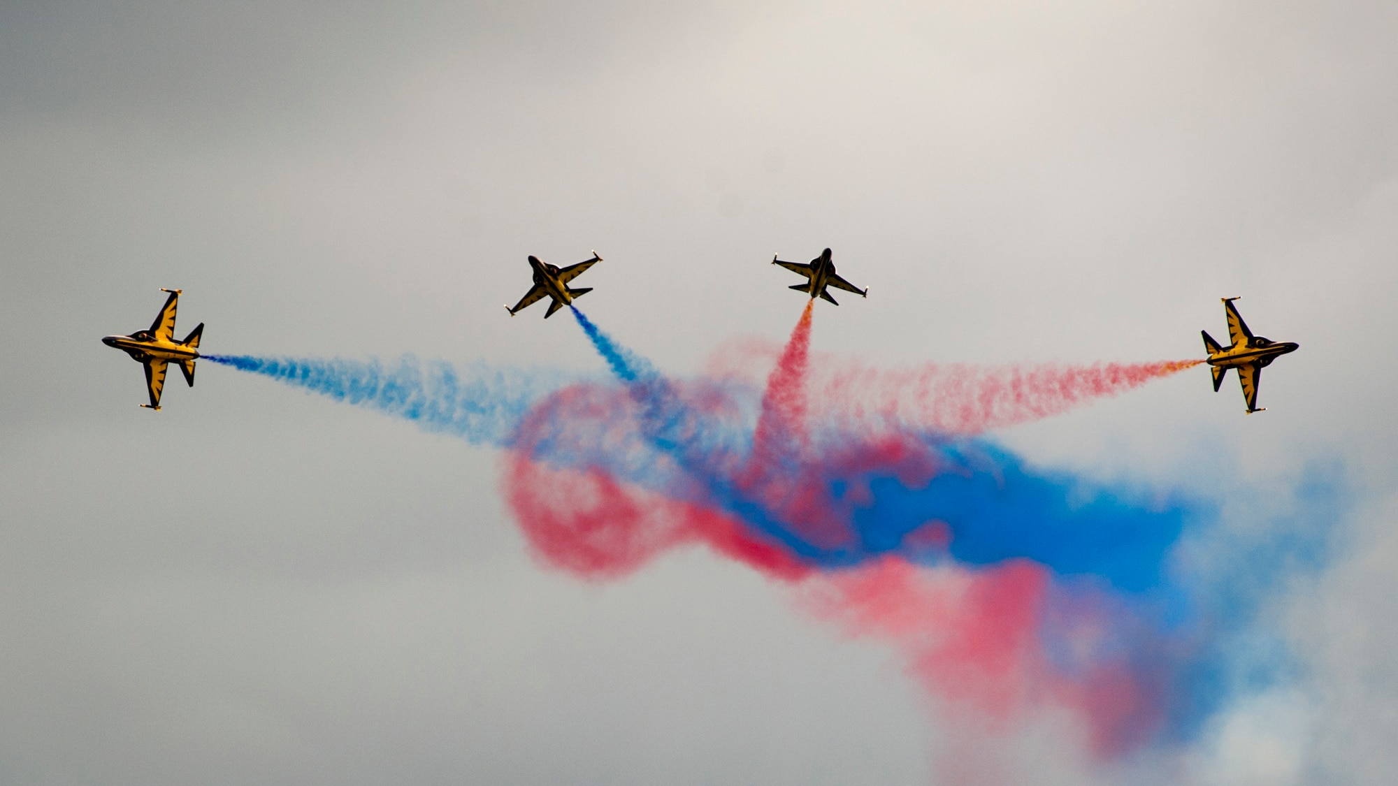 The Republic of Korea Air Force Golden Eagles aerial demonstration team performs during the Singapore International Airshow, at Changi International Airport Singapore, Feb. 18, 2016. The show is focused on building strong relations between the Singapore, U.S. and the international community. (U.S. Air Force photo by Capt. Raymond Geoffroy)