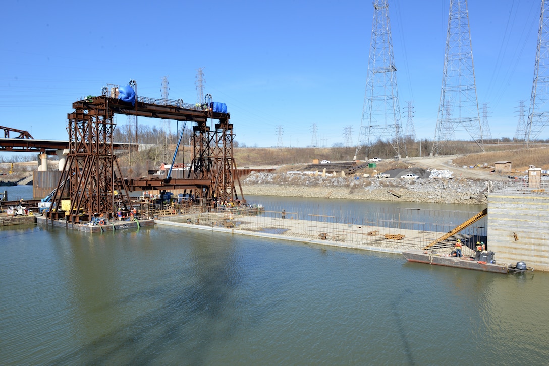 The U.S. Army Corps of Engineers Nashville District and its contractor partner Johnson Brothers put a 1.7 million pound concrete shell into position Feb. 2, 2020 on the riverbed on downstream end of Kentucky Lock where it will be part of a coffer dam and eventually a permanent part of the new lock wall for the Kentucky Lock Addition Project. It is the last of 10 shells. The lock is located at Kentucky Dam, which is a Tennessee Valley Authority project at Tennessee River mile 22.4. (USACE Photo by Mark Rankin)