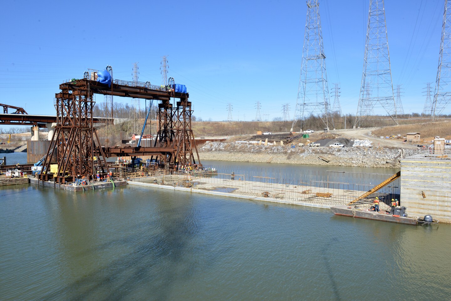 The U.S. Army Corps of Engineers Nashville District and its contractor partner Johnson Brothers put a 1.7 million pound concrete shell into position Feb. 2, 2020 on the riverbed on downstream end of Kentucky Lock where it will be part of a coffer dam and eventually a permanent part of the new lock wall for the Kentucky Lock Addition Project. It is the last of 10 shells. The lock is located at Kentucky Dam, which is a Tennessee Valley Authority project at Tennessee River mile 22.4. (USACE Photo by Mark Rankin)