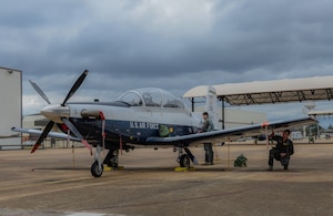 Second Lt. Rafael Galvoa, 37th Flying Training Squadron student pilot, and 1st Lt. Thomas Buckley, 37th FTS instructor pilot, conduct pre-flight checks on a T-6 Texan II, Jan. 24, 2020, at Columbus Air Force Base, Mississippi. Prior to becoming an instructor pilot, pilots must complete the Pilot Training Course at Randolph Air Force Base. (U.S. Air Force photo by Airman Davis Donaldson)