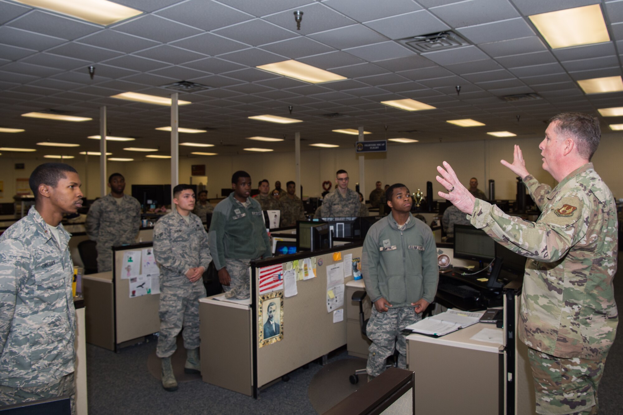 U.S. Air Force Lt. Gen. Gene Kirkland, Air Force Sustainment Center commander, addresses members of the 735th Supply Chain Operation Group during his visit to Joint Base Langley-Eustis, Virginia, Jan. 28, 2020. Kirkland highlighted that the supply and transportation professionals at the 735 SCOG have a global reach when it comes to making sure aircraft or vehicle parts, needed at any base in the world, are being tracked and a solution is being made to resolve the issue. (U.S. Air Force photo by Senior Airman Tristan Biese)