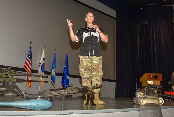U.S. Air Force Major Gen. Scott L. Pleus, Pacific Air Forces Director of Air and Cyberspace Operations, gives a speech during the 8th Fighter Wing Annual Awards Ceremony at Kunsan Air Base, Republic of Korea, Jan. 31, 2020. Pleus discussed Wolf Pack pride and the unique experiences Airmen will not find outside of Kunsan. (U.S. Air Force photo by Tech. Sgt. Joshua Arends)