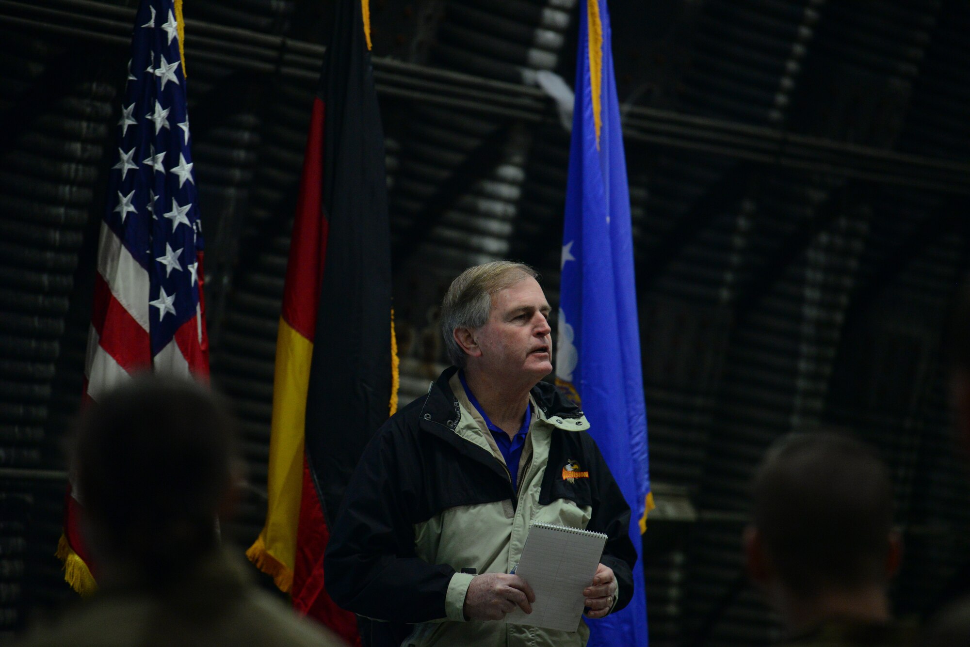 Jerry Brooks, Air Staff Eagle Vision One Project Office director, speaks to Airmen from the 24th Intelligence Squadron during a sunset ceremony at Ramstein Air Base, Germany, Jan. 28, 2020. Eagle Vision One used satellite imagery to support operations as well as aiding allies during natural disasters. (U.S. Air Force photo by Airman 1st Class Manuel Zamora)