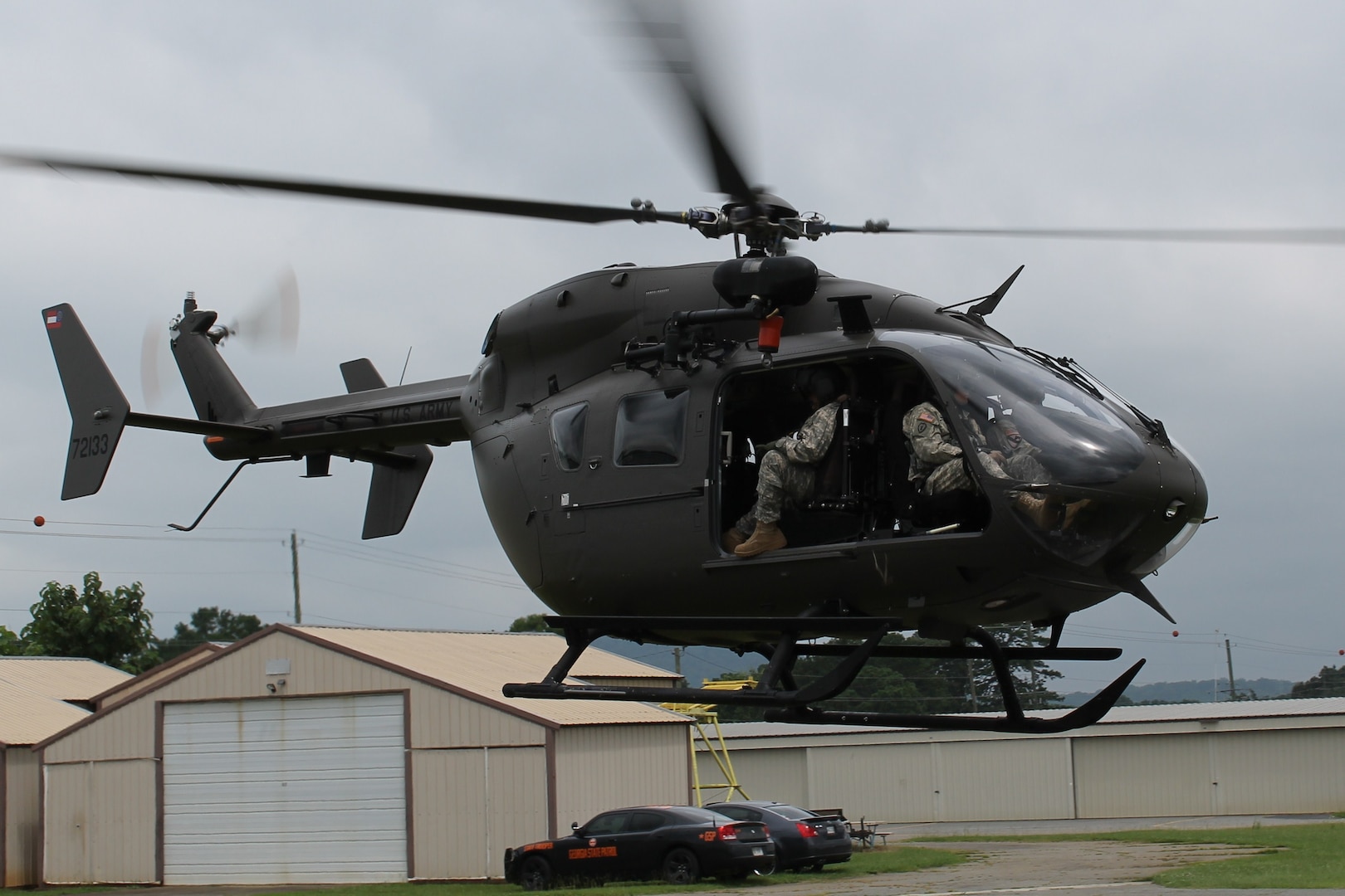 A Georgia Army National Guard Lakota Helicopter departs from Cartersville Airport after picking up a Georgia State Patrolman. Air crew members from Georgia's Army National Guard Counter Drug Task Force patrolled the skies north of Rome looking for marijuana grows Thursday. They harvested more than 20 plants thereby keeping $40,000 of dope off the streets of Georgia.