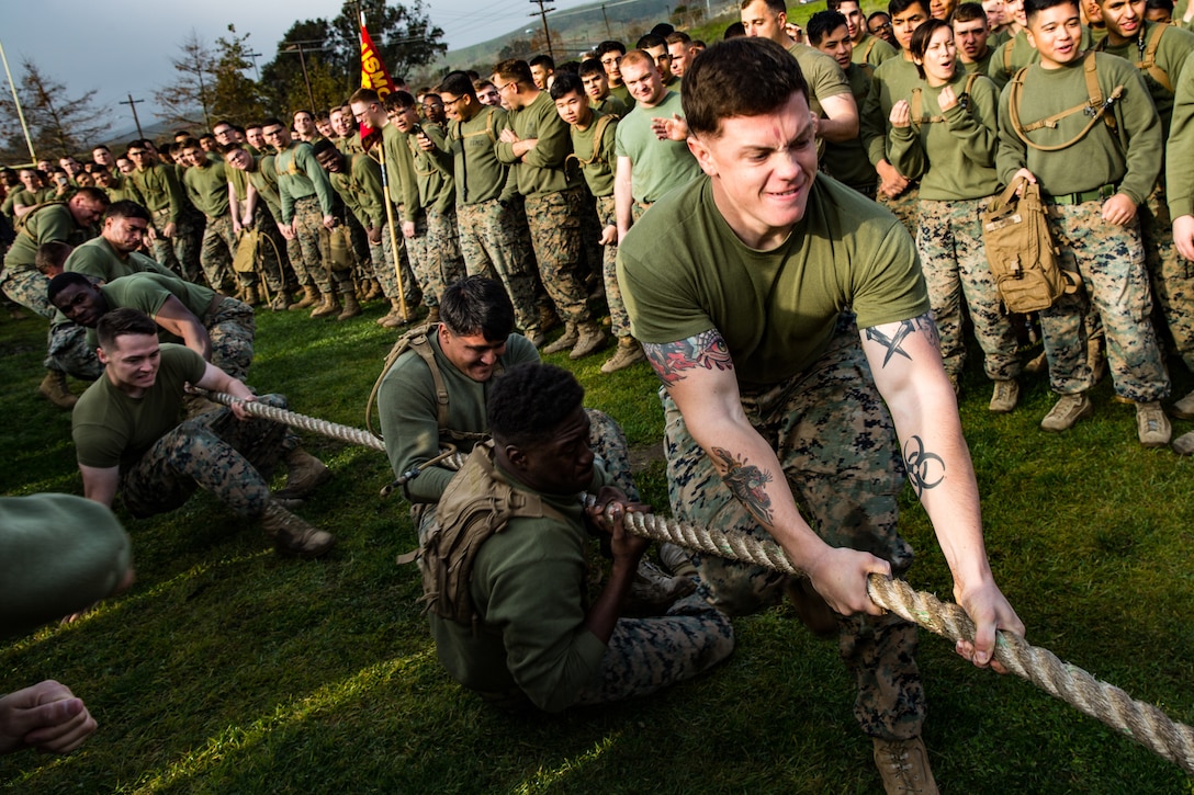 U.S. Marines participate in a tug of war competition during the annual Saint Barbara's Day Celebration on Marine Corps Base Camp Pendleton, California, Jan. 16.