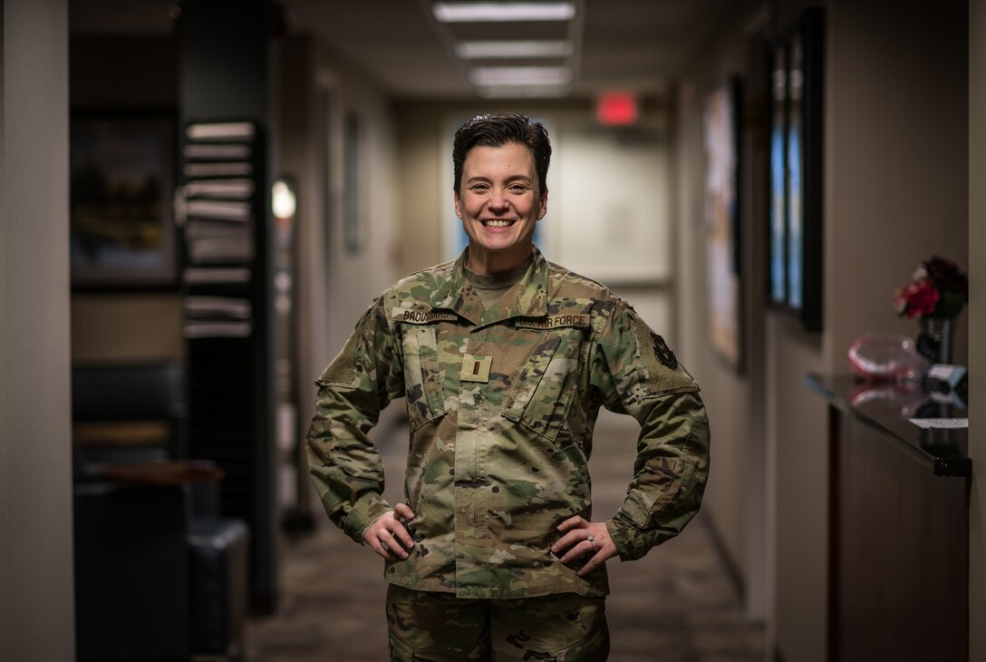 2nd Lt. Melissa Broussard, force support officer, 932nd Force Support Squadron, poses for a portrait just outside of the FSS customer service desk Jan. 24, 2020, Scott Air Force Base, Illinois. Broussard was the Airman Spotlight for January and shared her Air Force story with Wing leadership during the Wing Review meeting leading into the January unit training assembly. (U.S. Air Force photo by Christopher Parr)
