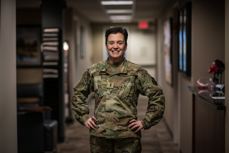 2nd Lt. Melissa Broussard, force support officer, 932nd Force Support Squadron, poses for a portrait just outside of the FSS customer service desk Jan. 24, 2020, Scott Air Force Base, Illinois. Broussard was the Airman Spotlight for January and shared her Air Force story with Wing leadership during the Wing Review meeting leading into the January unit training assembly. (U.S. Air Force photo by Christopher Parr)