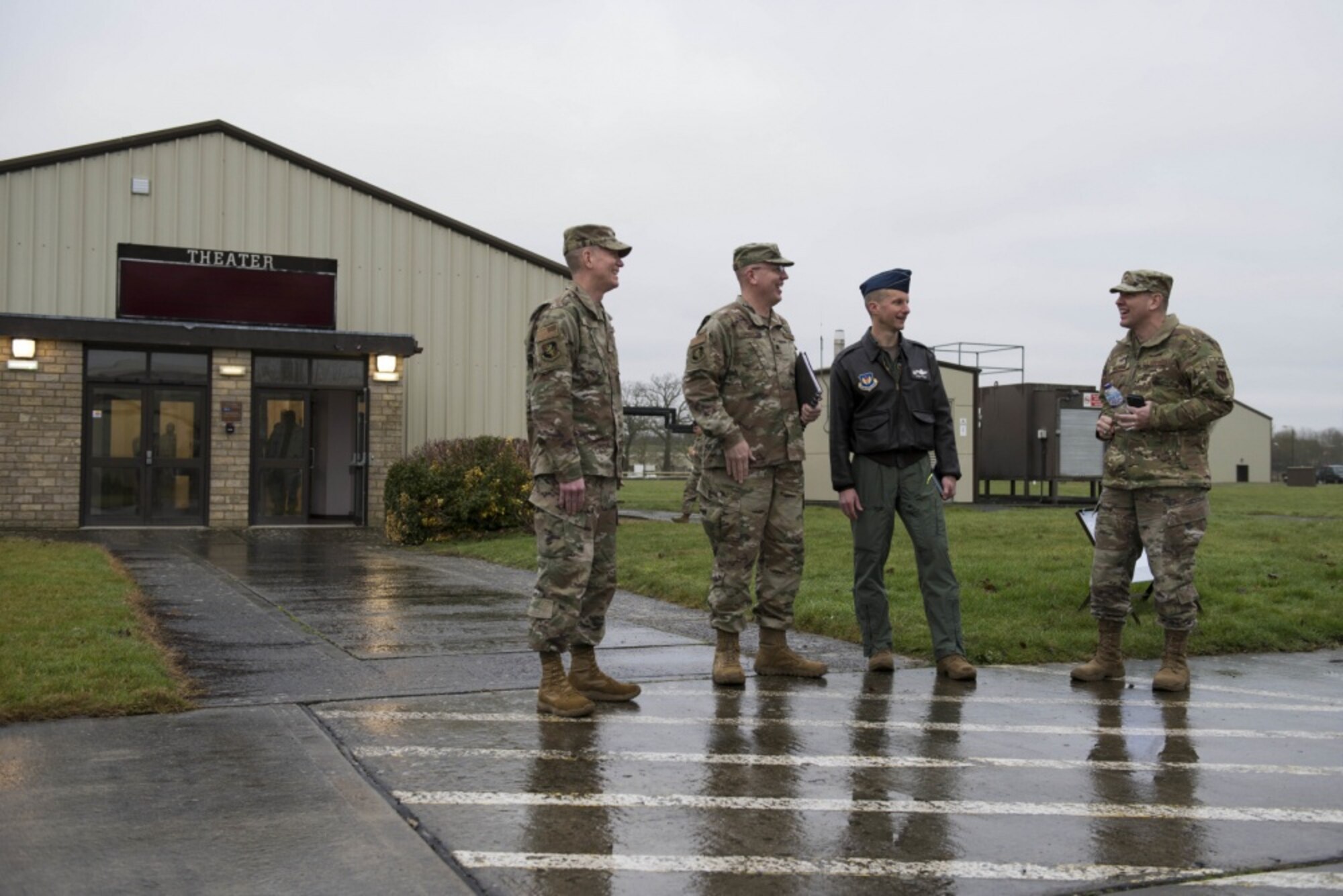 U.S. Air Force Col. Kurt Wendt, 501st Combat Support Wing commander, greets base leaders at RAF Fairford during 501st CSW All-Call at the RAF Fairford, England, Jan. 24, 2020. The wing commander and command chief traveled nearly 3,000 miles across England and Norway to all seven bases within the 501st CSW to connect with Airmen face-to-face and kick off a new initiative. Year of the Pathfinder aims to revolutionize the wing’s identity and raise the bar for readiness, resilience, innovation, professionalism, and connectedness. (U.S. Air Force photo by Airman 1st Class Jennifer Zima)