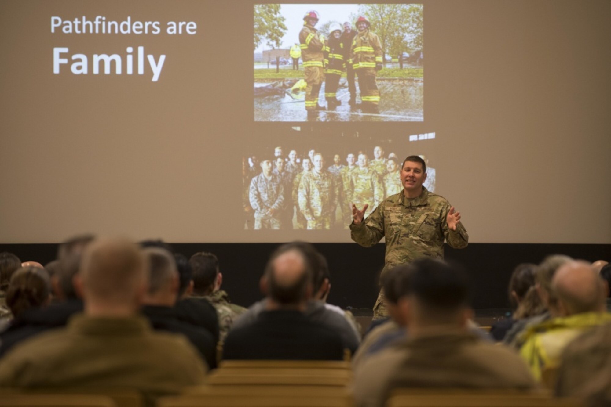 U.S. Air Force Col. Kurt Wendt, 501st Combat Support Wing commander, speaks with military and civilian personnel about the Year of the Pathfinder during the 501st CSW All-Call at RAF Fairford, England, Jan. 24, 2020. The wing commander and command chief traveled nearly 3,000 miles across England and Norway to all seven bases within the 501st CSW to connect with Airmen face-to-face and kick off a new initiative. Year of the Pathfinder aims to revolutionize the wing’s identity and raise the bar for readiness, resilience, innovation, professionalism, and connectedness. (U.S. Air Force photo by Airman 1st Class Jennifer Zima)