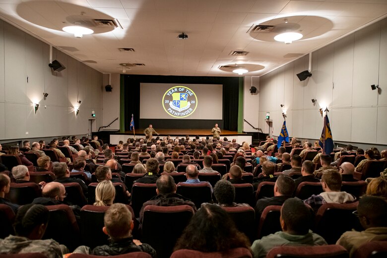 U.S. Air Force Col. Kurt Wendt and Chief Master Sgt. Daniel Keene, speak with military and civilian personnel about the Year of the Pathfinder during the 501st CSW All-Call at RAF Alconbury, England, Jan. 29, 2020. The wing commander and command chief traveled nearly 3,000 miles across England and Norway to all seven installations within the 501st CSW to speak with personnel and kick off a new initiative. The Year of the Pathfinder aims to revolutionize the wing’s identity and raise the bar for readiness, resilience, innovation, professionalism and connectedness.(U.S. Air Force photo by Senior Airman Eugene Oliver)