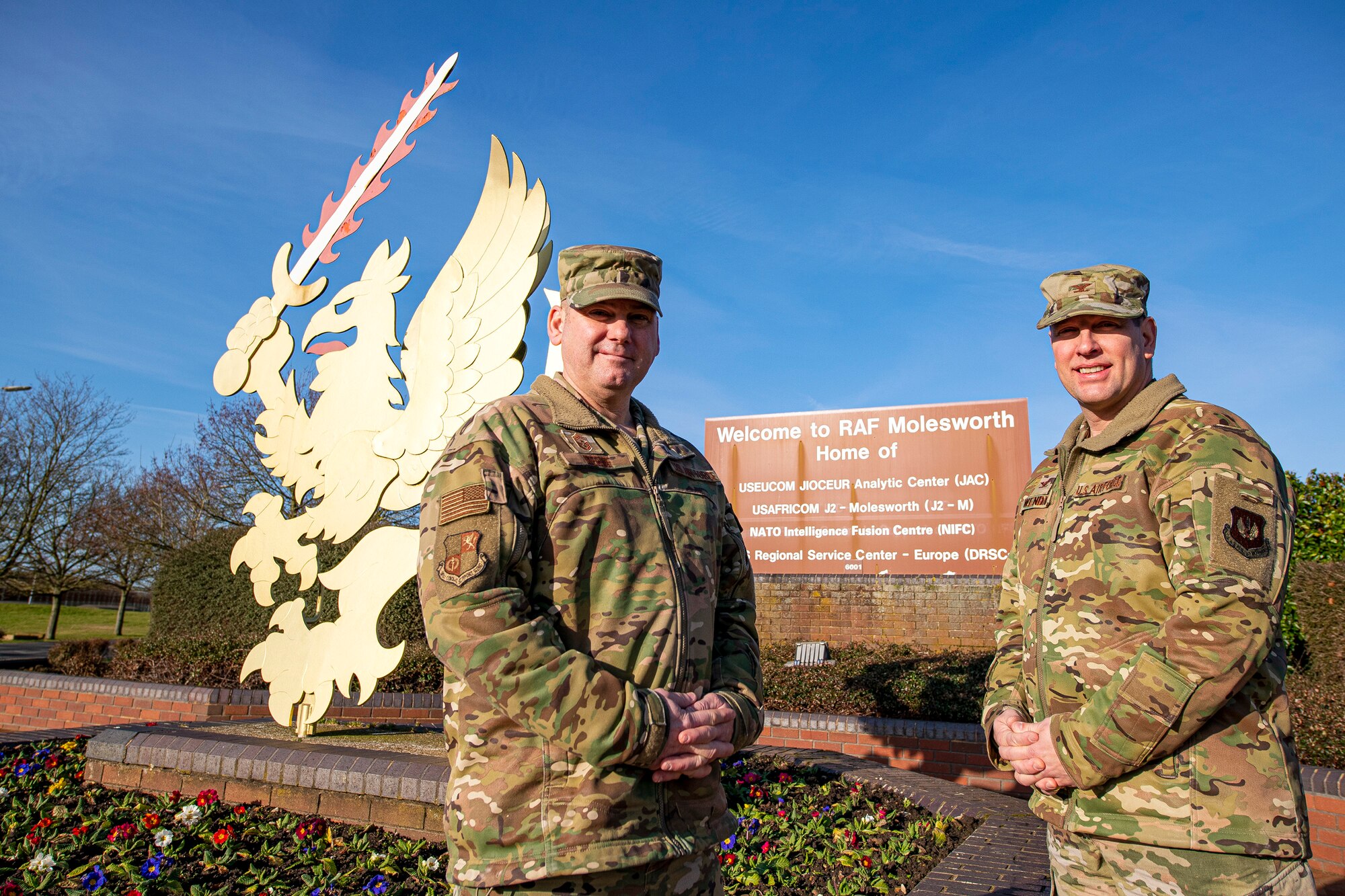 U.S. Air Force Col. Kurt Wendt, right 501st Combat Support Wing commander and Chief Master Sgt. Daniel Keene, 501st CSW command chief, pose for a photo at RAF Molesworth, England, Jan. 29, 2020. The wing commander and command chief traveled nearly 3,000 miles across England and Norway to all seven installations within the 501st CSW to speak with personnel and kick off a new initiative. The Year of the Pathfinder aims to revolutionize the wing’s identity and raise the bar for readiness, resilience, innovation, professionalism and connectedness. (U.S. Air Force photo by Senior Airman Eugene Oliver)