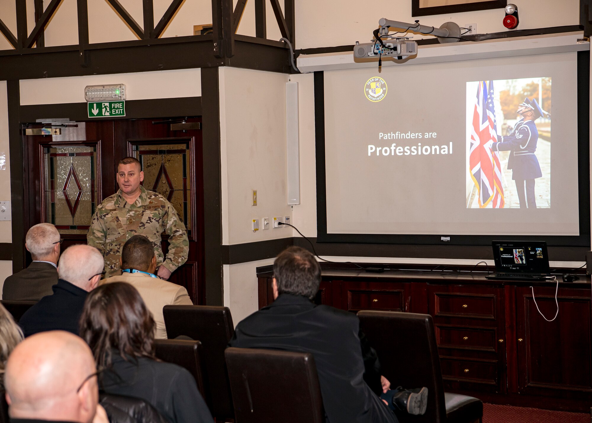 U.S. Air Force Chief Master Sgt. Daniel Keene, 501st Combat Support Wing command chief, speaks with civilian personnel about the Year of the Pathfinder, at RAF Menwith Hill, England Jan. 28, 2020. The wing commander and command chief traveled nearly 3,000 miles across England and Norway to all seven installations within the 501st CSW to speak with personnel and kick off a new initiative. The Year of the Pathfinder aims to revolutionize the wing’s identity and raise the bar for readiness, resilience, innovation, professionalism and connectedness. (U.S. Air Force photo by Senior Airman Eugene Oliver)