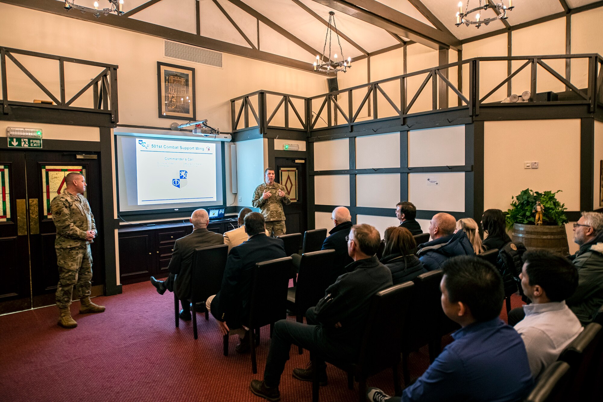 U.S. Air Force Col. Kurt Wendt, 501st Combat Support Wing commander, right, speaks with civilian personnel about the Year of the Pathfinder, at RAF Menwith Hill, England, Jan. 28, 2020. The wing commander and command chief traveled nearly 3,000 miles across England and Norway to all seven installations within the 501st CSW to speak with personnel and kick off a new initiative. The Year of the Pathfinder aims to revolutionize the wing’s identity and raise the bar for readiness, resilience, innovation, professionalism and connectedness. (U.S. Air Force photo by Senior Airman Eugene Oliver)