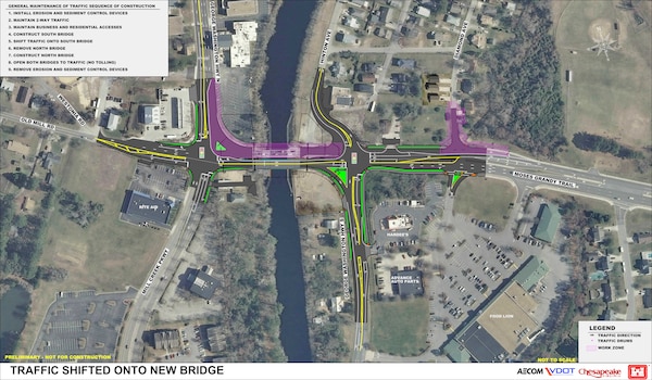 This graphic shows the traffic plan during construction, once the new span is built and the old span is being demolished.