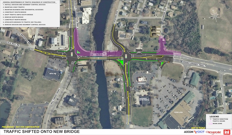 This graphic shows the traffic plan during construction, once the new span is built and the old span is being demolished.