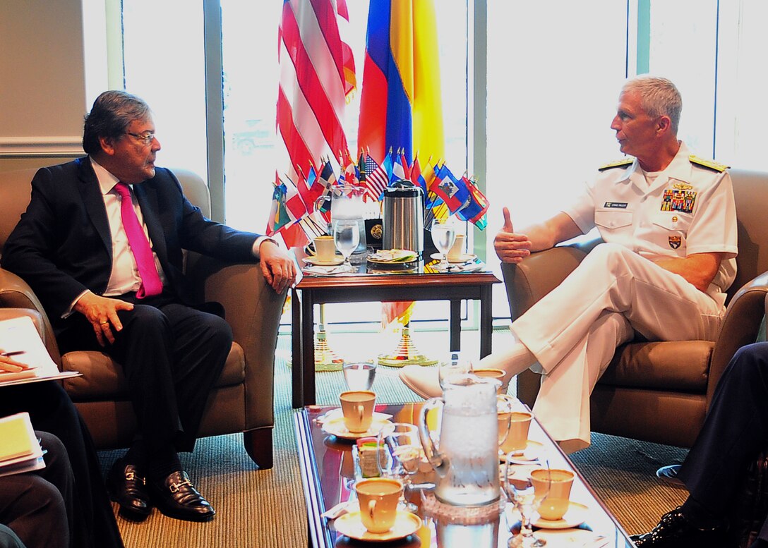 Colombia's Minister of Defense, Carlos Holmes Trujillo, meets with at U.S. Southern Command commander, U.S. Navy Adm. Craig Faller.