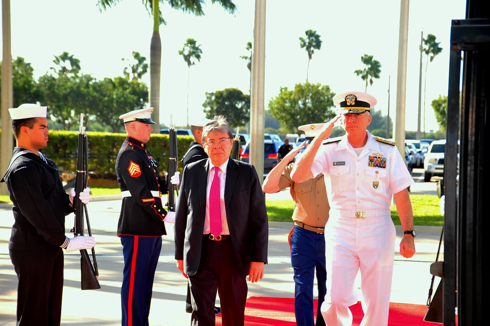 Colombia's Minister of Defense, Carlos Holmes Trujillo, meets with at U.S. Southern Command commander, U.S. Navy Adm. Craig Faller.