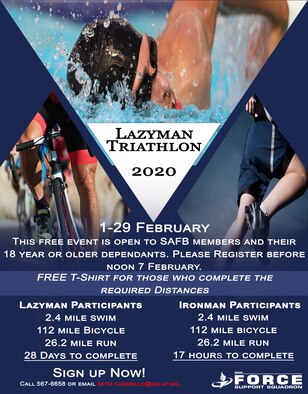 The 18th annual Schriever Lazyman Triathlon kicked off Feb. 1 and runs throughout the month. Registration closes at noon Feb. 7, 2020. Call 719-567-6658 for more information or to register.
