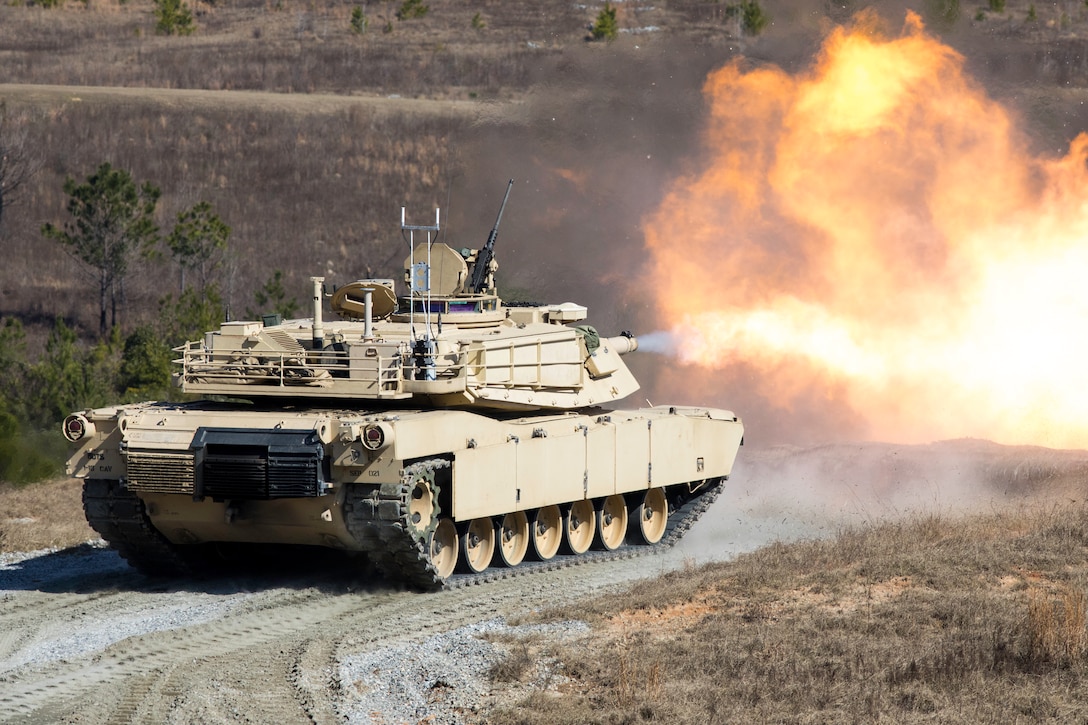 An Army tank fires during training.