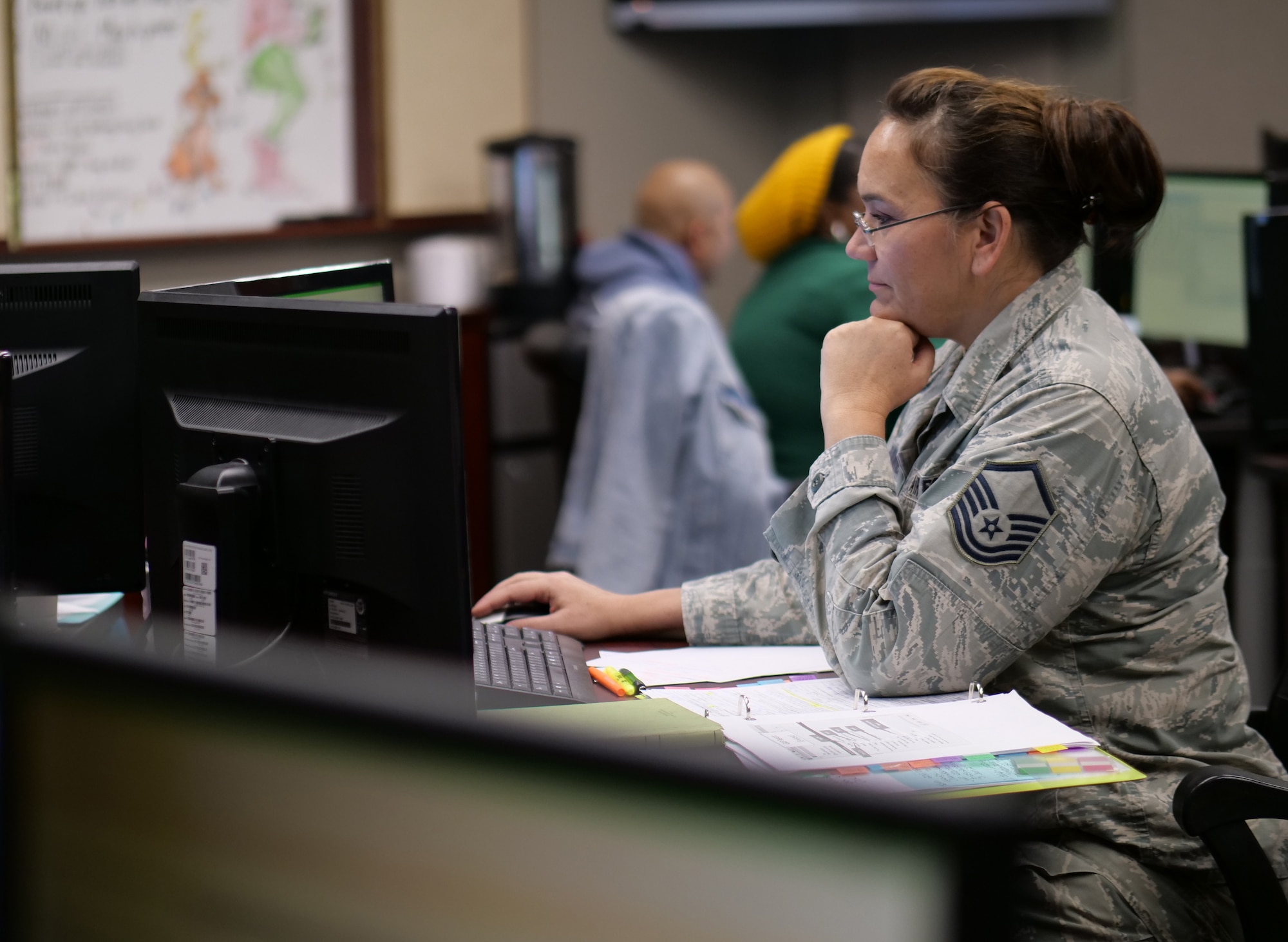 Master Sgt. Patti Carazo-Danner, a personnelist assigned to the 380th Space Control Squadron at Peterson Air Force Base, Colorado, processes an evaluation during training hosted by Headquarters Air Reserve Personnel Center Jan. 31, 2020. The evaluations training was a 10-day course designed to provide command support staffs, force support squadrons and military personnel flights with knowledge and insights, as well as real-time feedback, for more efficiently processing evaluations for their members. (U.S. Air Force photo by Master Sgt. Leisa Grant/Released)