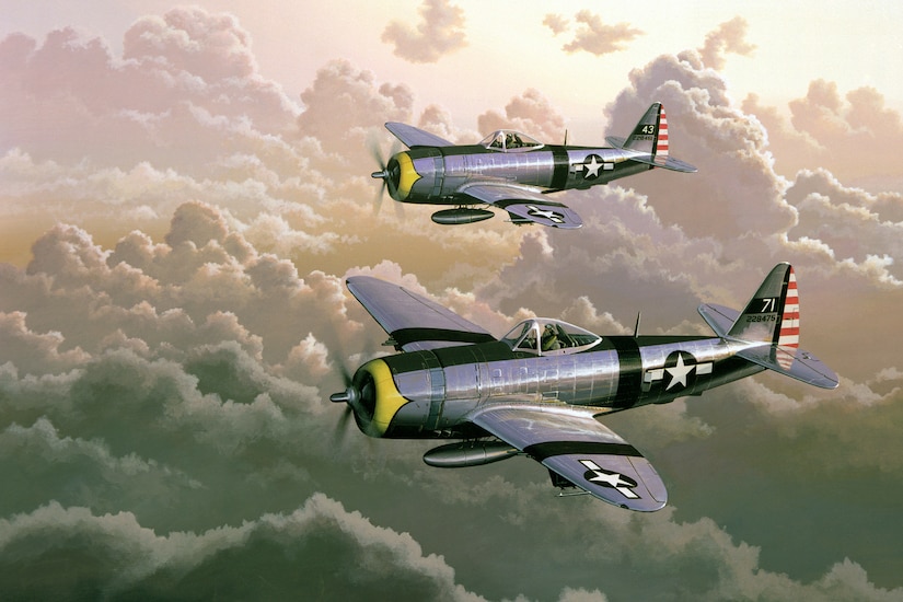A drawing of two P-47 Thunderbolt fighter jets flying over clouds.