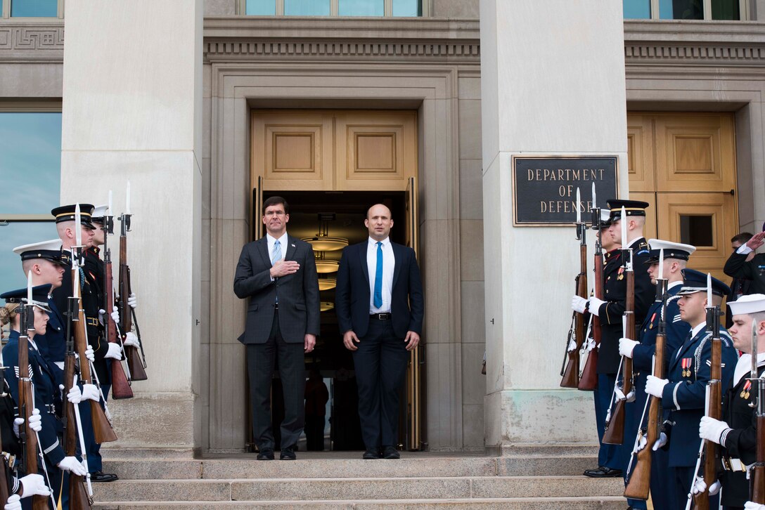 Defense Secretary Dr. Mark T. Esper and Israeli Defense Minister Naftali Bennett stand on the stairs outside.