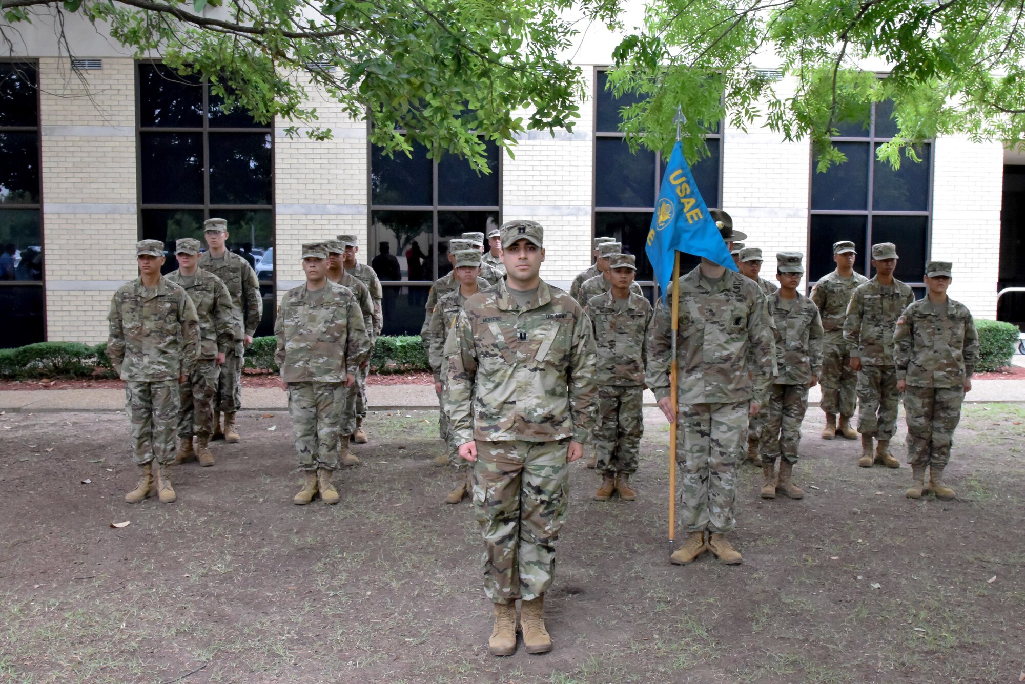 Echo Company trainees pose for a photo in a Defense Language Institute English Language Center hallway between classes. Along with English language training and pre-basic training, trainees have the opportunity to react with the 70 other unique countries on campus at one time.