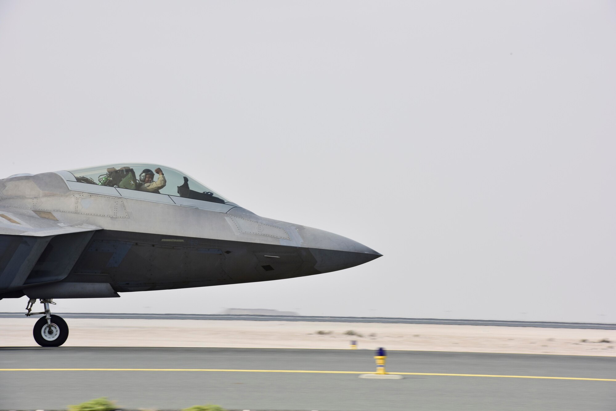 An F-22 Raptor taxis to the runway at Al Udeid Air Base, Qatar on Feb. 1, 2020. The F-22 combines stealth, supercruise, maneuverability, and integrated avionics to provide air superiority throughout the U.S. Air Forces Central Command area of responsibility. (U.S. Air Force photo by Tech. Sgt. John Wilkes)