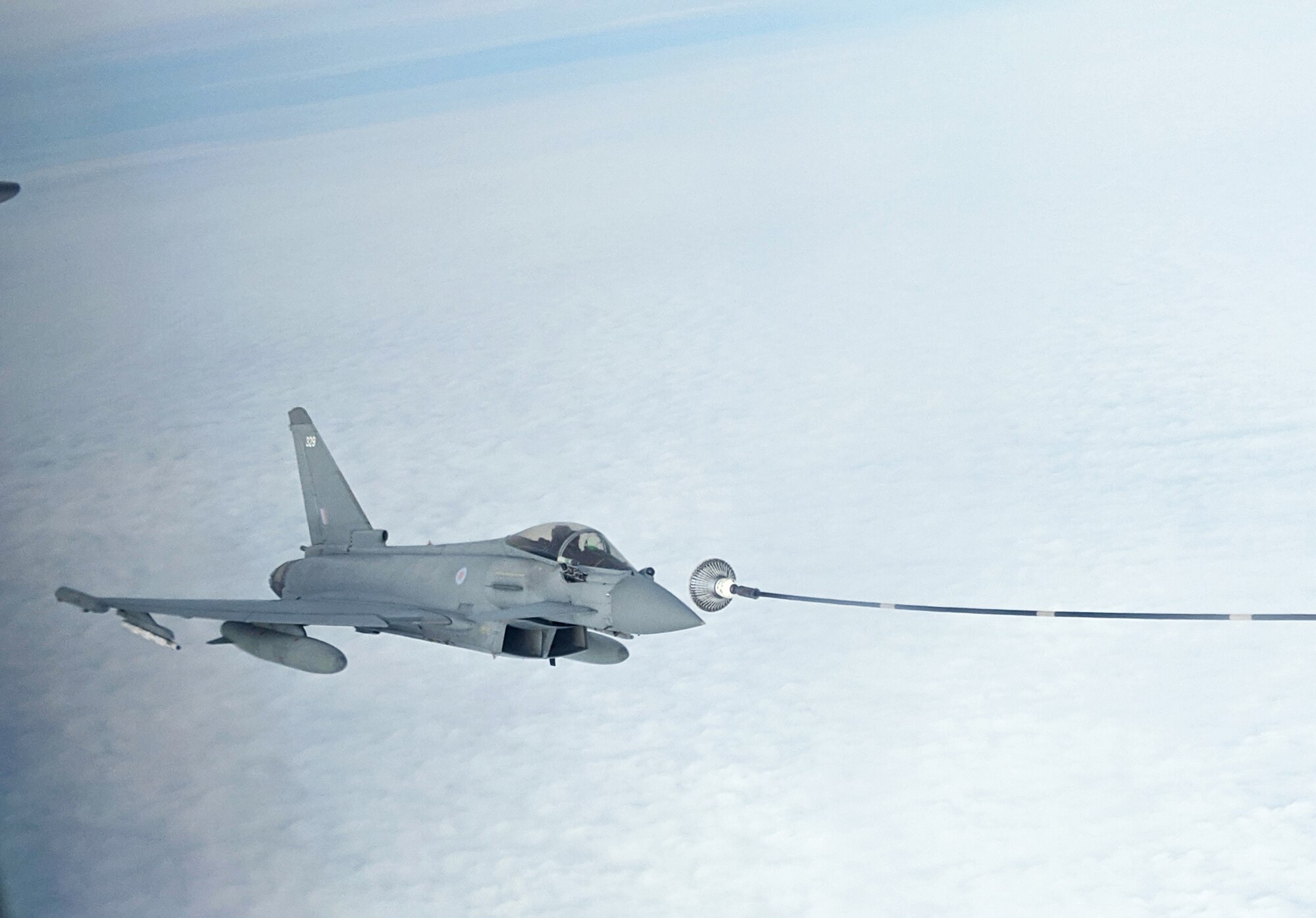 A Royal Air Force Typhoon from RAF Coningsby, England, is refueled by a KC-135 Stratotanker from the 100th Air Refueling Wing, RAF Mildenhall, England, during exercise Point Blank off the English coast, Jan. 30, 2020. Point Blank is a recurring, low-cost exercise initiative designed to increase tactical proficiency of U.S. Air Forces in Europe – Air Forces Africa and Ministry of Defence forces. (U.S. Air Force photo by Tech. Sgt. Emerson Nuñez)