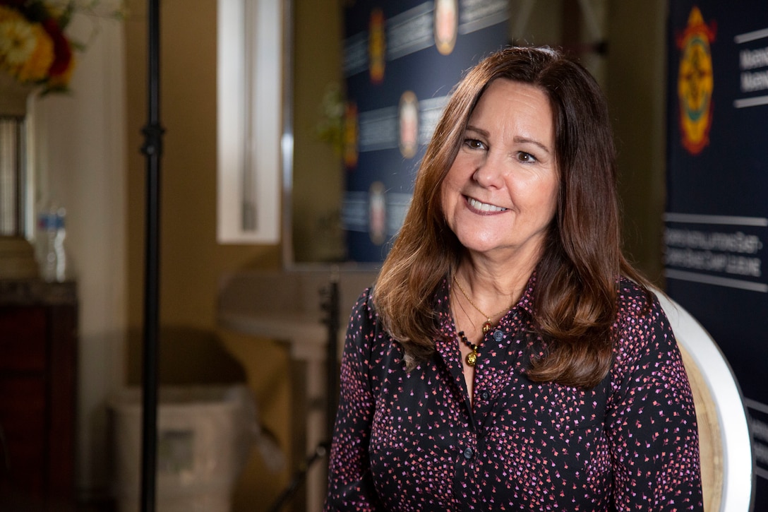 Second Lady, Karen Pence, gives her remarks during an interview following a meeting with military spouses at the Marston Pavilion on Marine Corps Base Camp Lejeune, N.C., Jan. 30, 2020. In the fall of 2018, Pence launched an awareness campaign to promote and encourage military spouses. Since then, Pence has been traveling domestically and internationally, addressing military spouse employment challenges. (U.S. Marine Corps photo by Lance Cpl. Ginnie Lee)