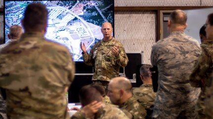 Col. Christopher Caldwell, Joint Task Force Civil Support operations director, briefs members of the Joint Operation Center as part of Exercise Sudden Response 20. Military units comprising the Defense Chemical, Biological, Radiological, and Nuclear (CBRN) Response Force (DCRF) are participating in the exercise, which took place in Killeen, Austin and Fort Hood, Texas, Jan. 24-29.