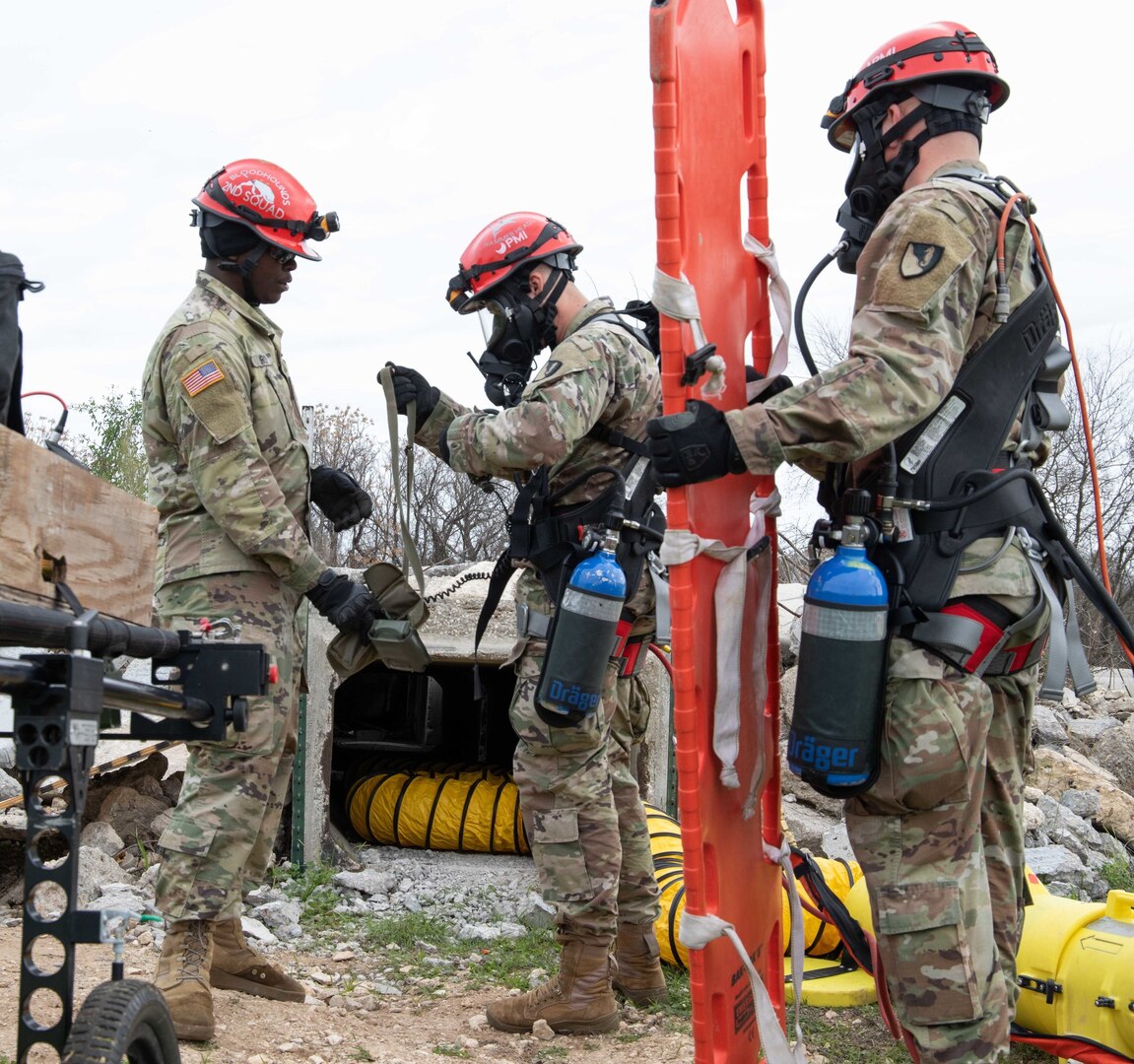 Service members assigned to 3rd Platoon, 68th Engineer Company urban rescue team prepare to conduct a simulated confined-space rescue Jan 25 as part of Exercise Sudden Response 20. Military units comprising the Defense Chemical, Biological, Radiological, and Nuclear, or CBRN, Response Force, or DCRF, participated in the exercise, which took place in Killeen, Austin and Fort Hood, Texas, from Jan. 24-29.