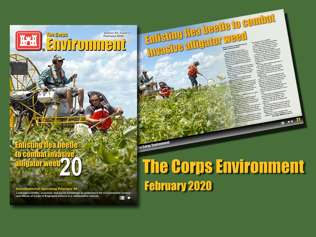 cover of the corps environment magazine showing a man riding a ... um some sort of vehicle with a very large fan at the back of it.