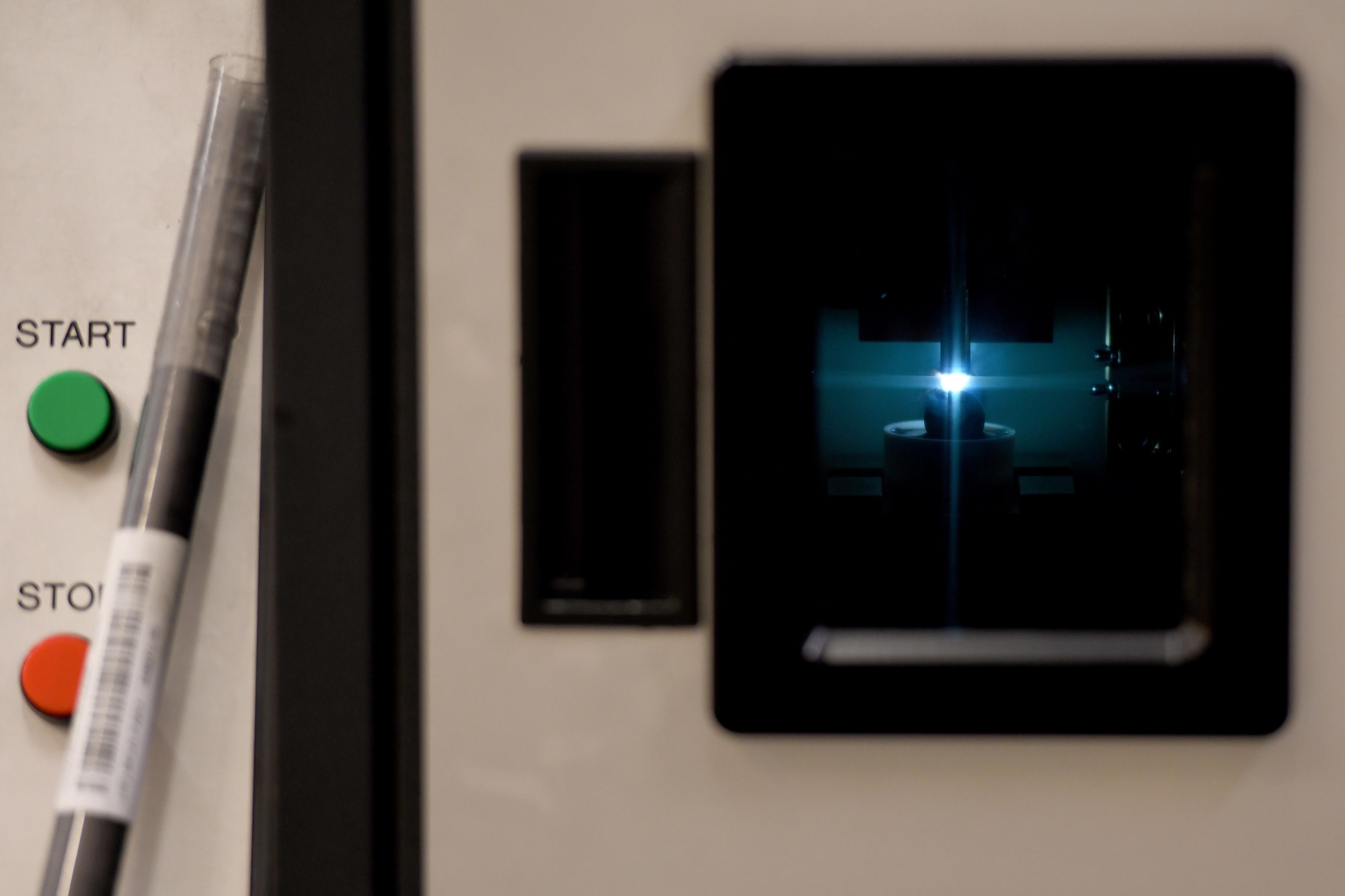 A spectrometer measures metal particles in oil at RAF Mildenhall, England, Jan. 23, 2020. Airmen in the non-destructive inspections shop use the spectrometer to detect potential failures before they occur in the field. (U.S. Air Force photo by Staff Sgt. Lexie West)