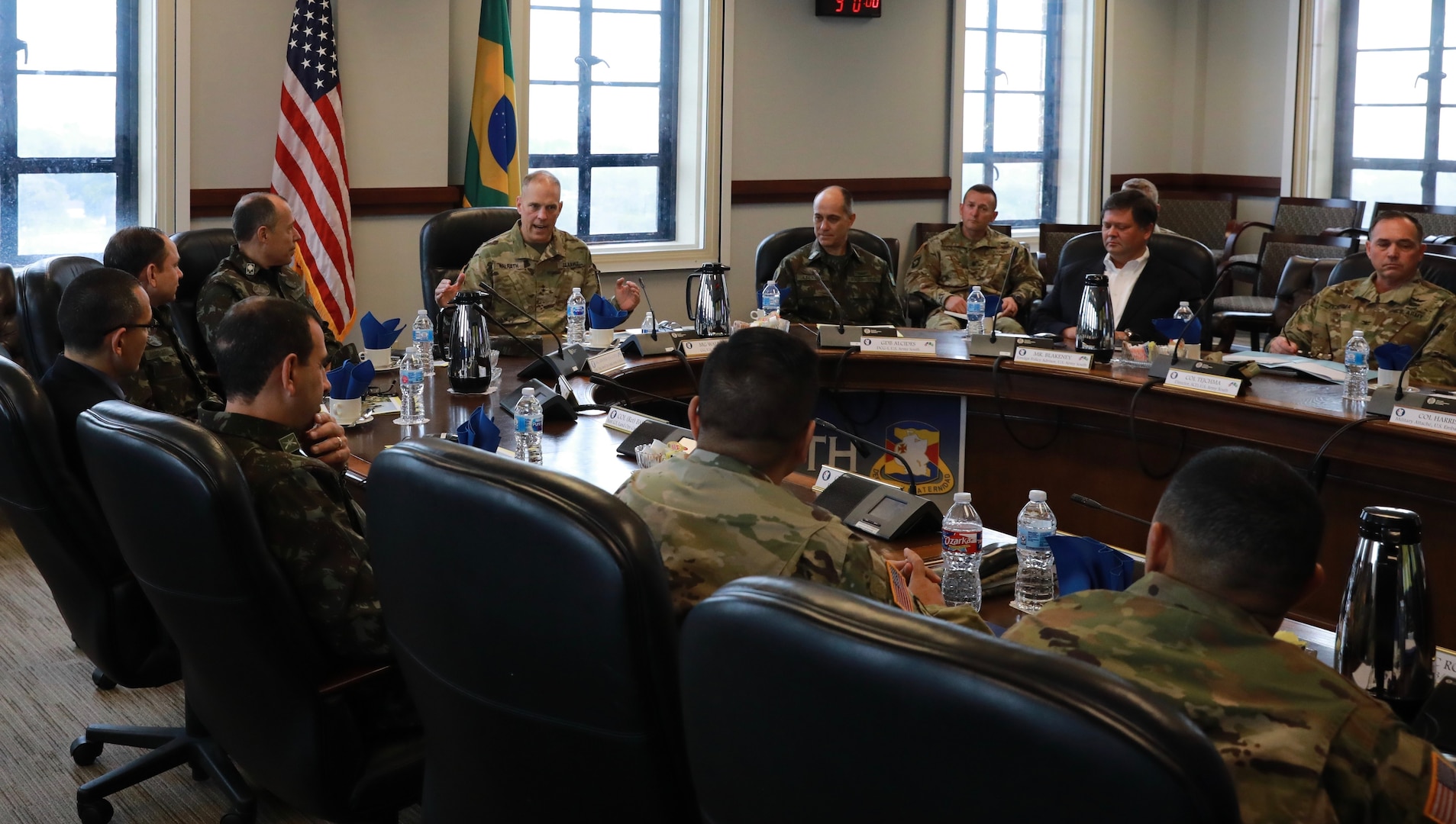 In preparation for this year’s PANAMAX multinational exercise and upcoming combined training, U.S. Army South hosted Brazilian army Maj. Gen. Marcos De Sá Affonso Da Costa, Brazilian director of training, and Maj. Gen. Josias Pedrotti Da Rosa, Brazilian army attaché to the United States, and their delegation at Army South headquarters, Joint Base San Antonio-Fort Sam Houston, Feb. 4. PANAMAX will be held at the Joint Readiness Training Center at Fort Polk, Louisiana, and in Sao Paulo, Brazil.