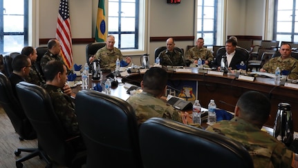 In preparation for this year’s PANAMAX multinational exercise and upcoming combined training, U.S. Army South hosted Brazilian army Maj. Gen. Marcos De Sá Affonso Da Costa, Brazilian director of training, and Maj. Gen. Josias Pedrotti Da Rosa, Brazilian army attaché to the United States, and their delegation at Army South headquarters, Joint Base San Antonio-Fort Sam Houston, Feb. 4. PANAMAX will be held at the Joint Readiness Training Center at Fort Polk, Louisiana, and in Sao Paulo, Brazil.