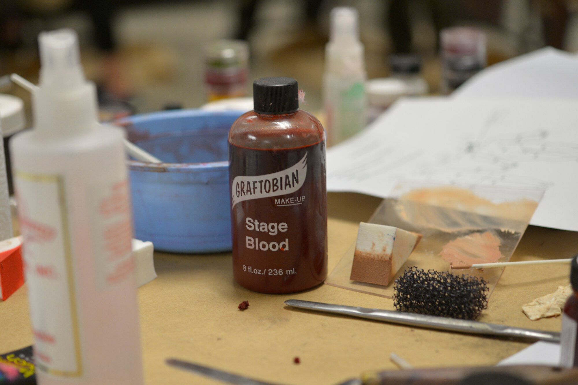 Moulage makeup is displayed inside Wolfe Hall at Keesler Air Force Base, Mississippi, Jan. 29, 2020. Moulage, also known as combat injury simulation, is used in base exercises to simulate the outcome of various situations such as chemical burns, piercing wounds and missing limbs using different tools such as latex, stage blood, sponges and makeup products. (U.S. Air Force photo by Airman 1st Class Kimberly Mueller)
