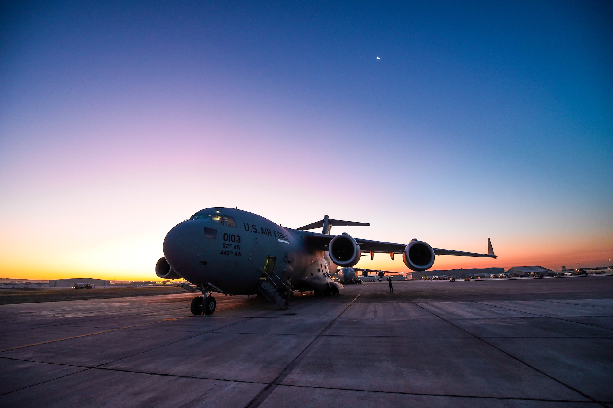 A C-17 Globemaster III sits on a flight line in Iraq, Dec. 20, 2019. The C-17 Globemaster III provides worldwide combat and humanitarian airlift every day. (U.S. Air Force photo by Airman 1st Class Mikayla Heineck)