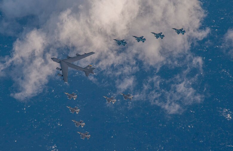 A U.S. Air Force B-52H Stratofortress from Minot Air Force Base, North Dakota, six F-16 Fighting Falcons and four Japan Air Self-Defense Force F-2s from Misawa Air Base, Japan, fly in formation off the coast of Northern Japan as part of a combined Continuous Bomber Presence and Bomber Task Force mission, Feb. 3, 2020. U.S. Strategic Command's bomber forces regularly conduct combined theater security cooperation engagements with allies and partners, demonstrating U.S. capability to command, control and conduct bomber missions around the world. (U.S. Air Force photo by Staff Sgt. Melanie A. Bulow-Gonterman)