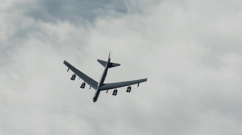 A U.S. Air Force B-52H Stratofortress, assigned to the 69th Expeditionary Bomb Squadron, deployed from Minot Air Force Base, North Dakota, flies over the Pacific Ocean during a training mission Feb. 3, 2020. Strategic bomber missions enhance the readiness and training necessary to respond to any potential crisis or challenge across the globe. (U.S. Air Force photo Airman 1st Class Helena Owens)